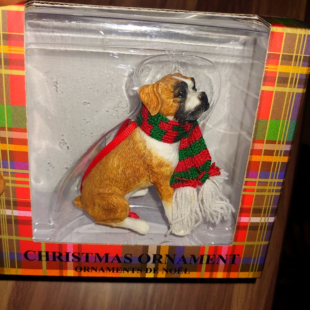 Sandicast Boxer Dog Knit Scarf Christmas Ornament Fawn White New In Box